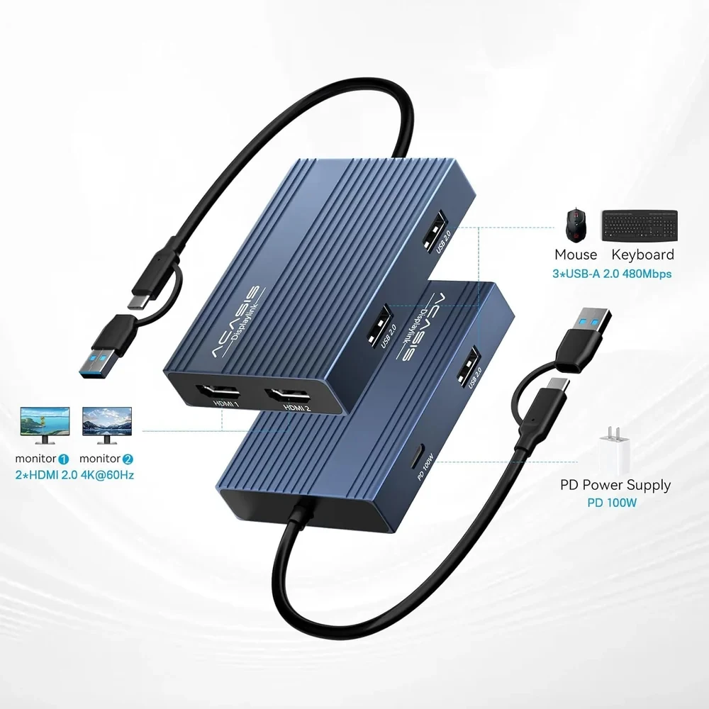 Acasis 6‑in‑1 USB‑C Docking Station DisplayLink Dual 4K@60Hz Monitor Adapter 100W PD Charging USB Hub For MacBook Pro/Air Windows Laptop