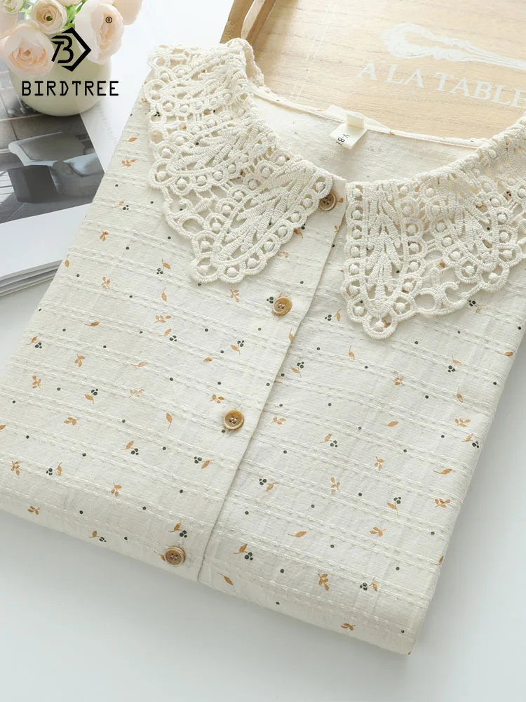 New 2025 Autumn Cotton Long Sleeve Shirt, Women Peter Pan Collar Lace Print, Mori Girl French Temperament Loose Blouse T5O460CC