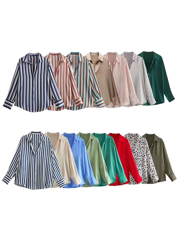 

HH 2024, весенне-осенние рубашки для женщин, модные атласные разноцветные свободные рубашки, женские блузки Wild High Street