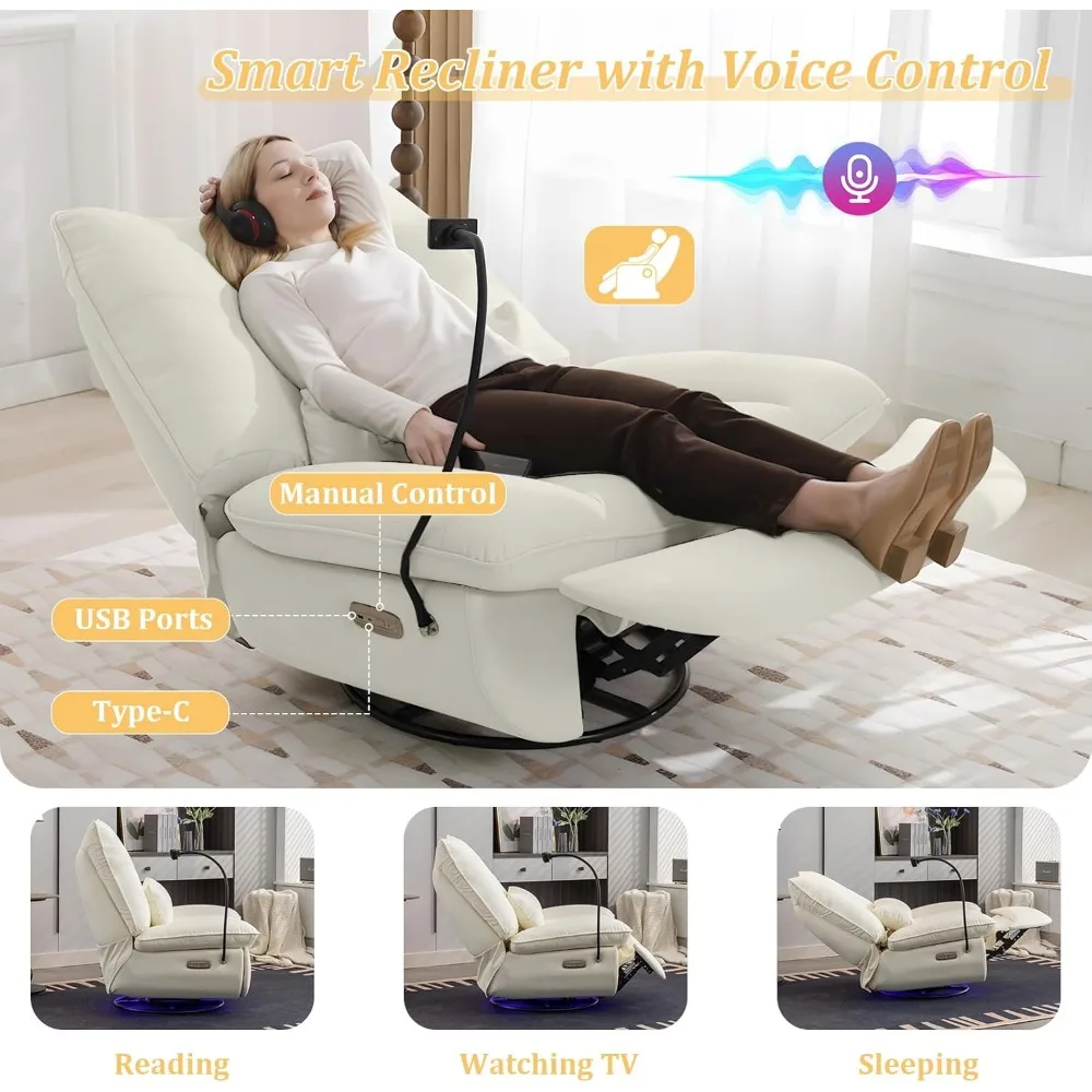 Cadeira reclinável elétrica de grandes dimensões, poltrona reclinável giratória moderna para adultos, chaise lounge de couro sintético com balancim largo de 41,3 ''