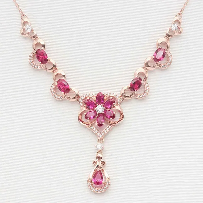 Inlaid Ruby Elegant Flower Necklace 14K Rose Gold Crystal Luxury Pendant Romantic Luxury Dinner wedding Jewelry