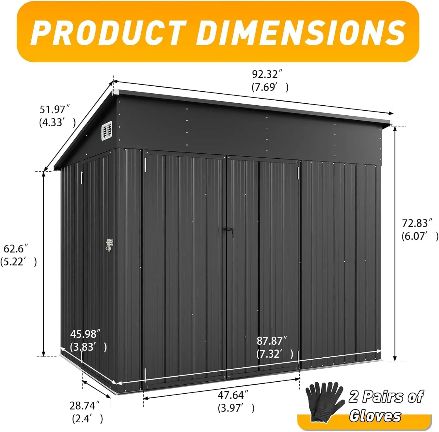 8'x4' Outdoor Storage Shed Triple Door Lean to Metal Weatherproof Galvanized Steel Sloped Roof Mower Bike Garden, Customized
