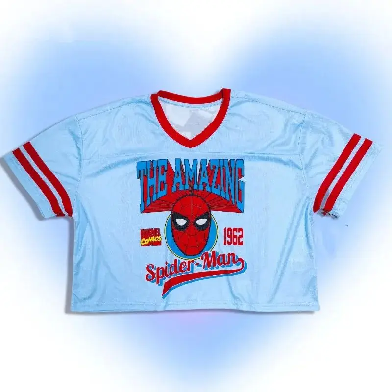 

2025 New Summer Women's Spider-Man Print Casual Cropped Short T-Shirt Graphic Tees Women V-neck Casual Tops Tee