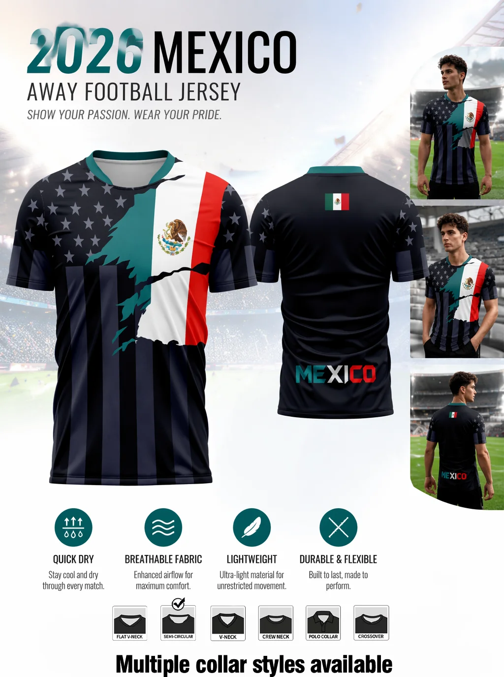 Color‑spliced Mexico flag football jersey with star‑stripe texture, lightweight stretch short‑sleeve top for soccer fans