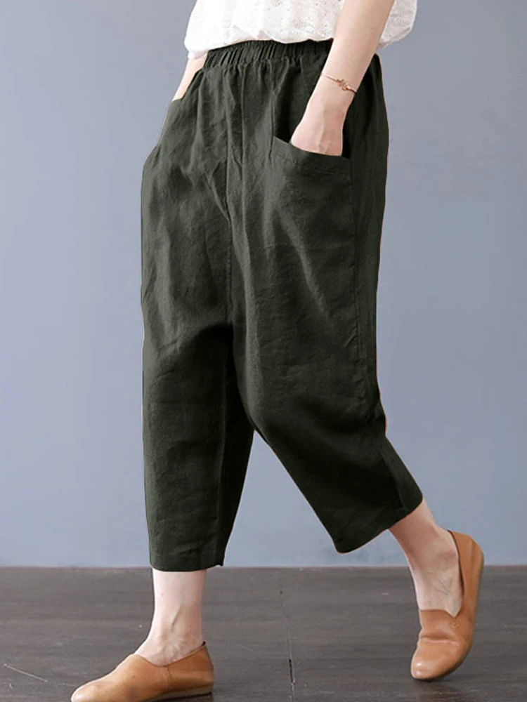 2024 ZANZEA Summer Women Vintage Solid Harem Pants Elastic Waist Trousers Casual Loose Cotton Turnip Oversize Pantalon Palazzo