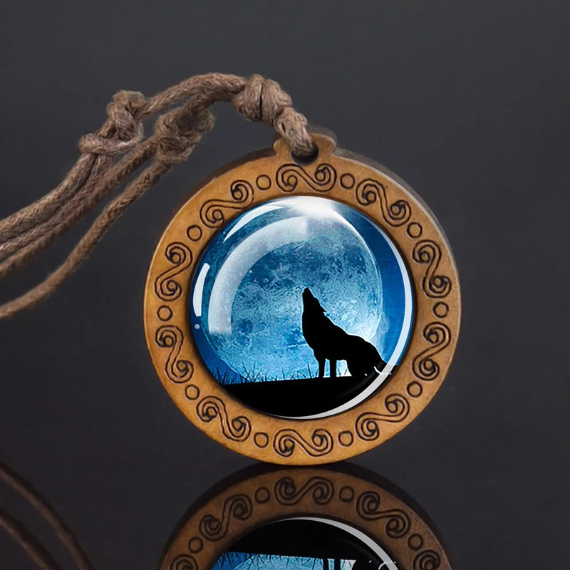 Wolf Glass Dome Necklace Men Vintage Wolf Head Wood Pendant Rope Chain Necklace Retro Jewelry