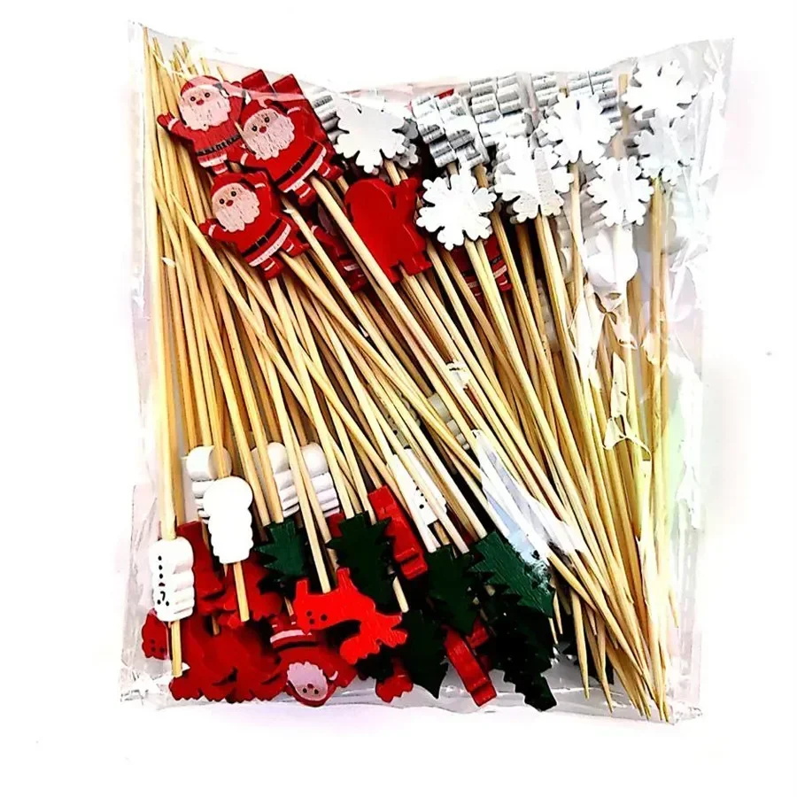 50pcs Christmas Fruit Sticks Disposable Bamboo Snowflake Tree Elk Santa Claus Snowman