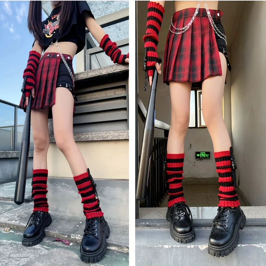 Red-black Striped Long Half Finger Arm Sleeves Feet Cover Elastic Gloves Y2K Fashion Women Girls Striped Elbow Gloves Solid Goth