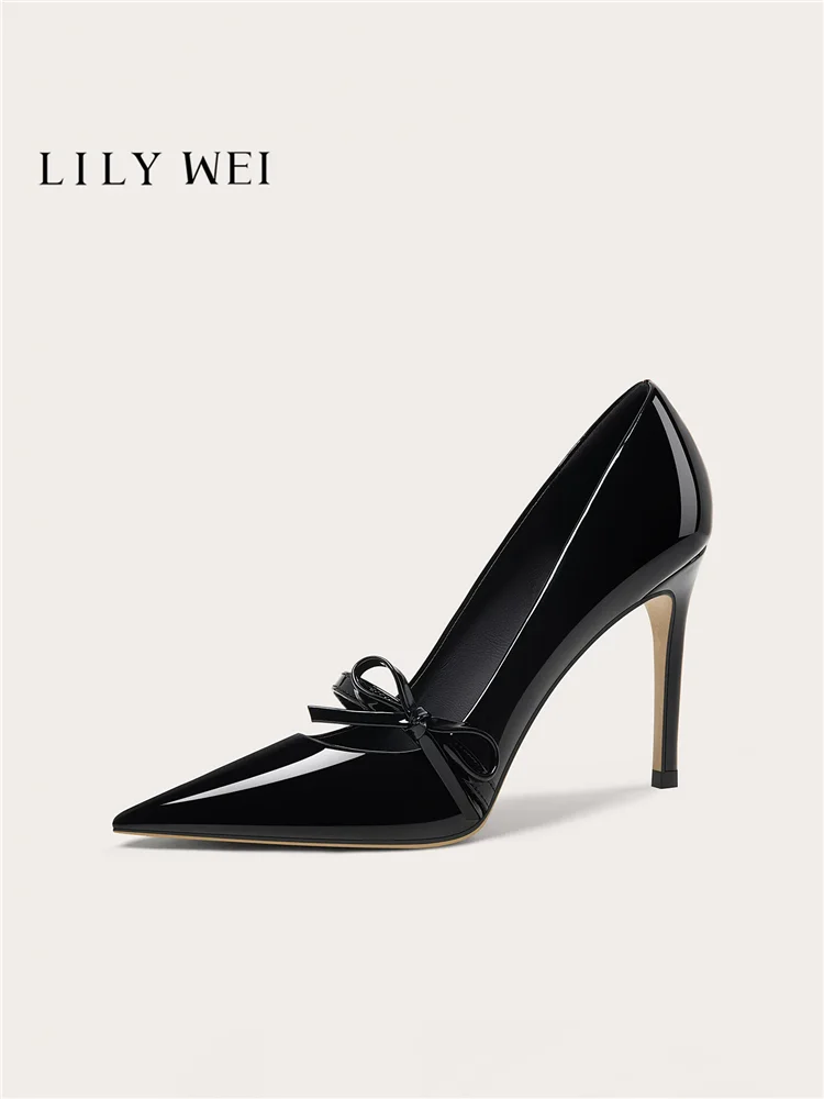 Autumn new pointed patent leather bow single shoes banquet large size small size widened version slim high-heeled women's shoes