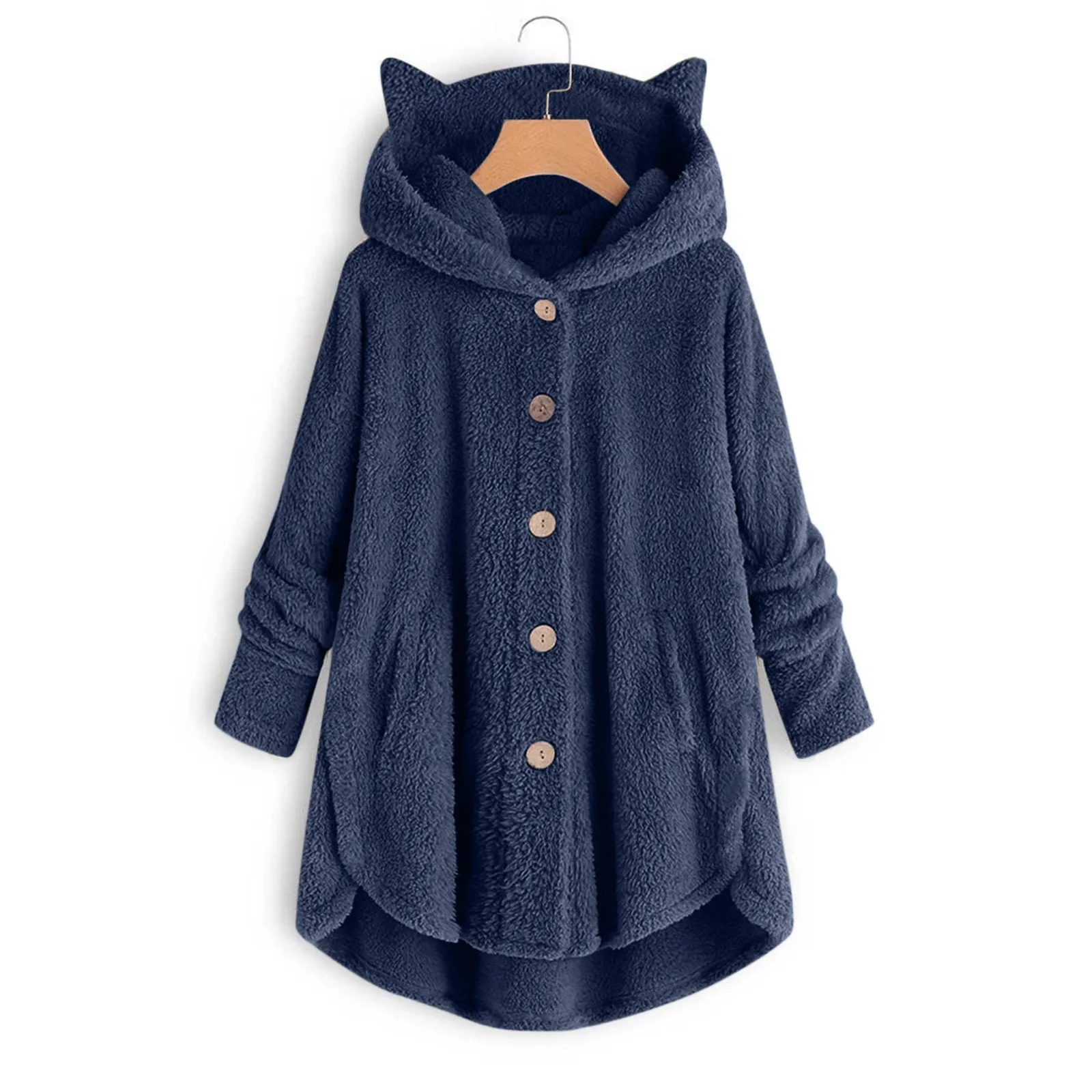 Cappotto invernale da donna con bottoni con cappuccio orecchio di gatto peluche Top irregolare giacca di colore solido di marca alla moda per le donne cappotti di piume Parka