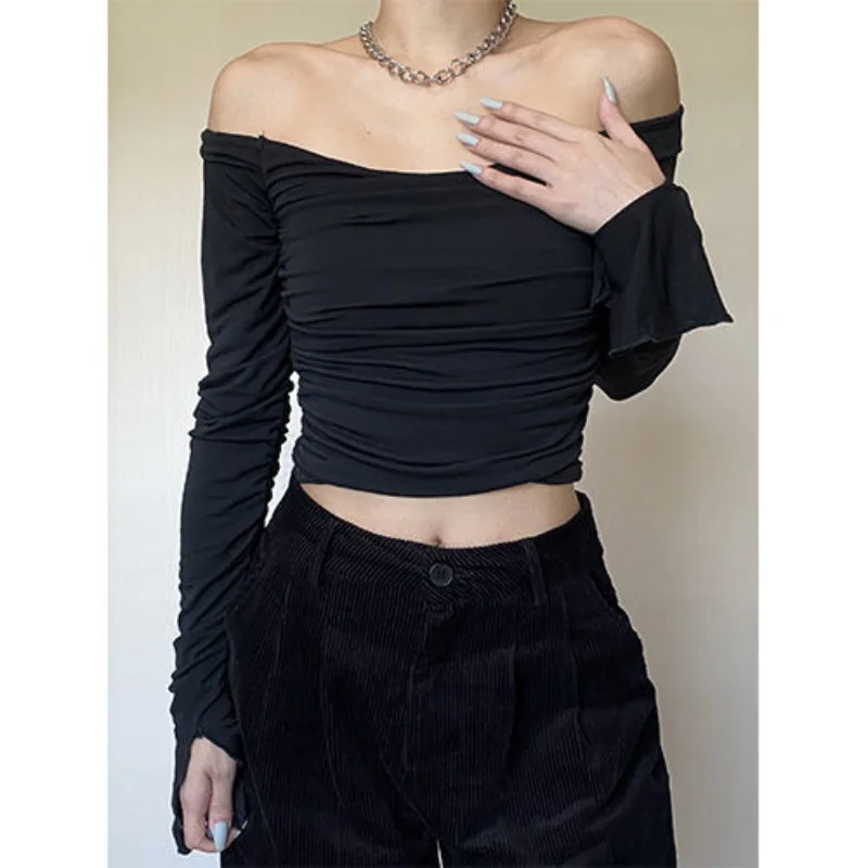 Sexy Slash Neck Slim Short T Shirts Spring Autumn New Long Sleeve Solid All-match Bottoming Tops Fashion Trend Women Clothing