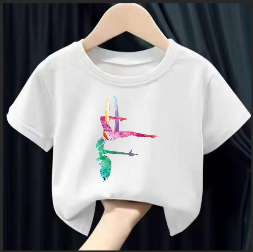 

Children's Summer Short sleeved T-shirt Watercolor Gymnastics Art Pattern Printed Summer Fashion Cotton Casual T-shirt