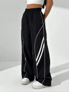 Damskie spodnie plus size, codzienne, z wysokim stanem, wyszczuplające, elastyczne w pasie, z bocznymi szwami, z białym wykończeniem, luźne, do noszenia na zewnątrz, rekreacyjne, sportowe, długie.