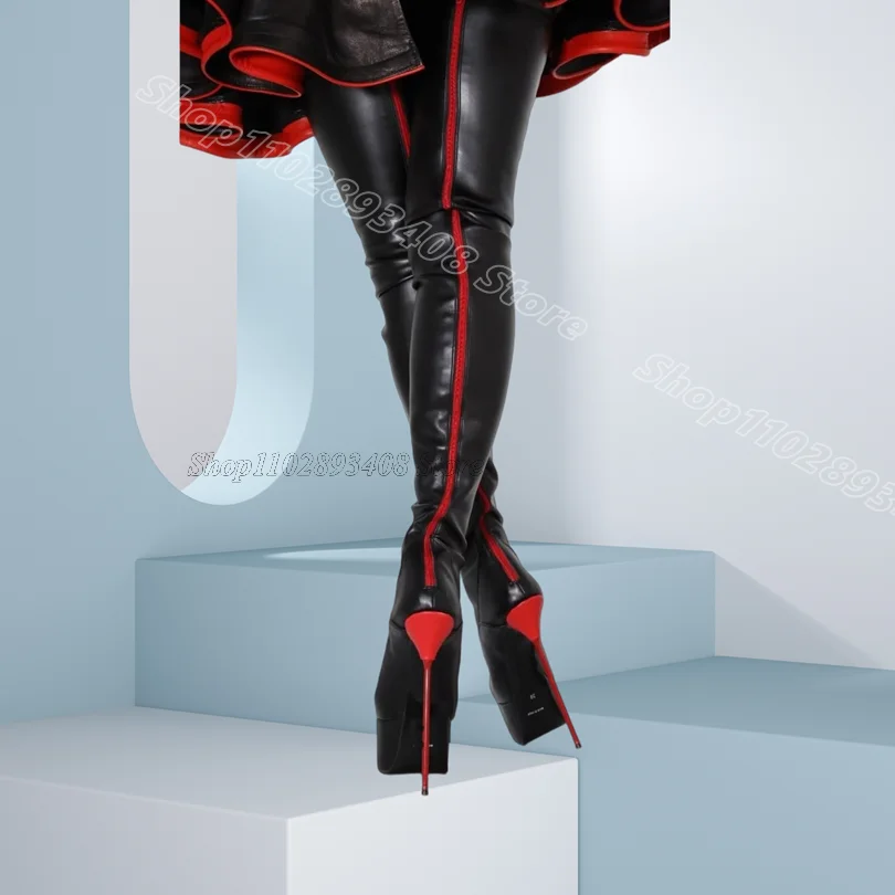 

Black Platform Metal Heels Boots Round Toe Stylish Spring Design Women Casual Fashion Over Knee Boots 2025 Zapatos Para Mujere
