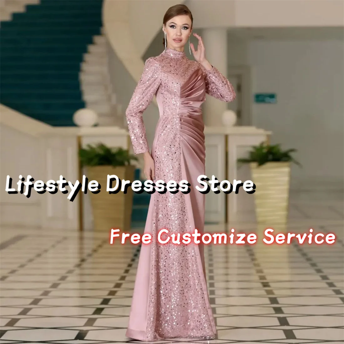 

Sparkly Sequins Tulle Satin Evening Dresses Long Sleeves Elegant Pleated Prom Dresses 2024 Formal Occasion Arabia Party Gown