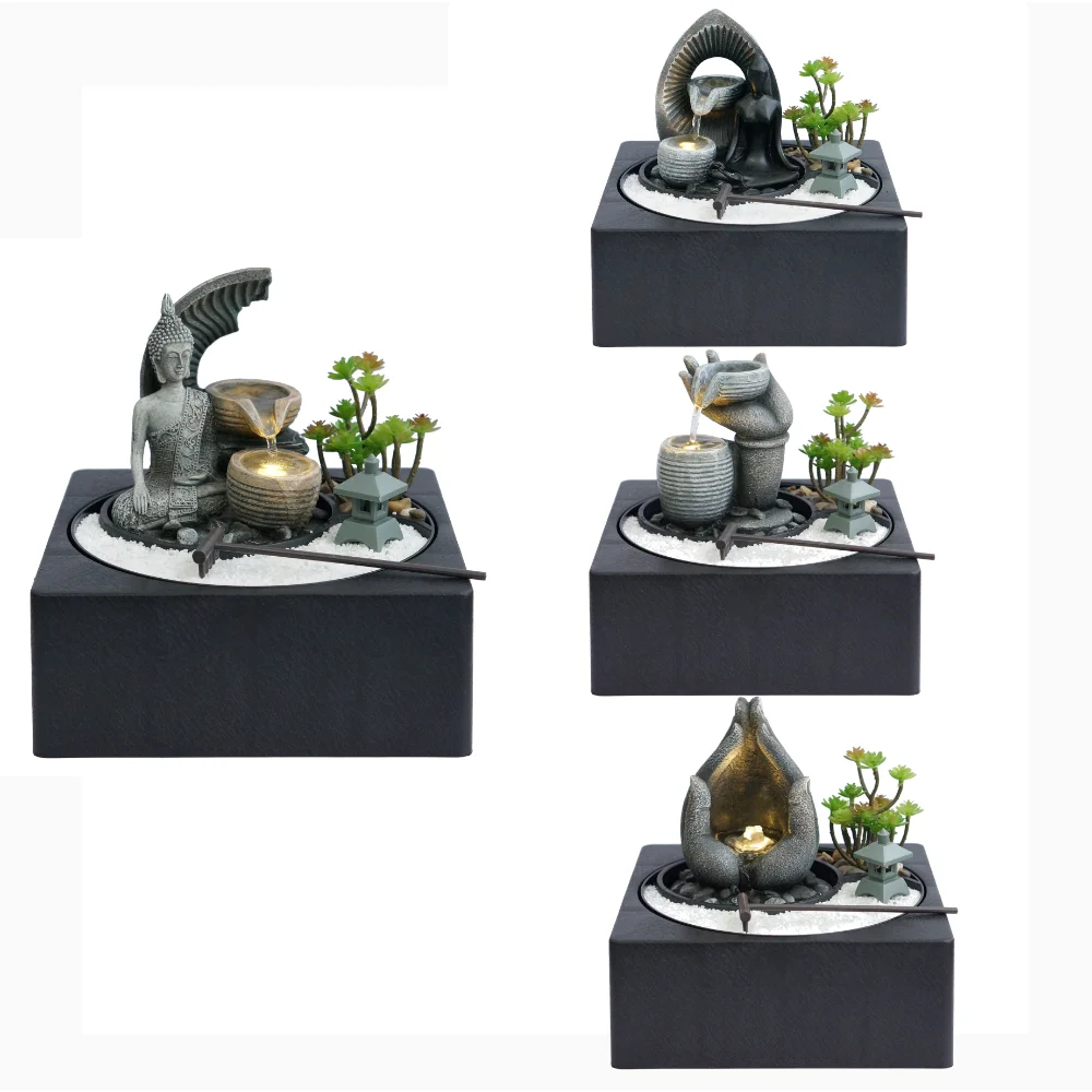 Desk Water Fountain Decor Buddha Resin Crafts Decorative Fountain Indoor Desktop Water Fountain with LED Lights