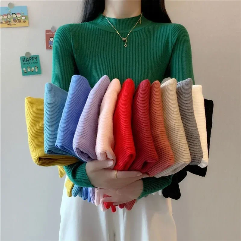 Pull à col roulé pour femme, élastique, Slim, tricoté, basique, mode coréenne, manches longues, bon, nouvelle collection hiver