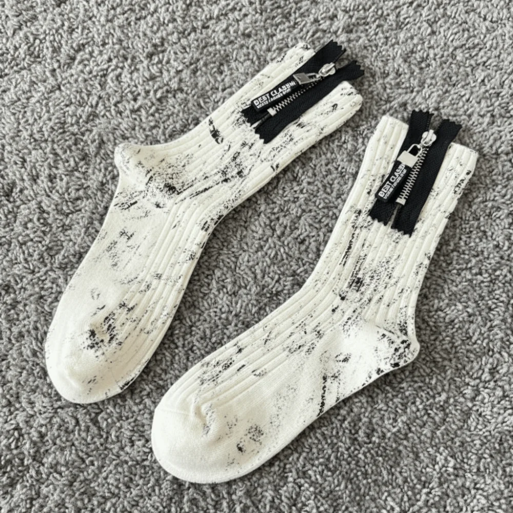 Fashion Heavy Industry Metal Zipper Socks Unique Spray Paint Splash Ink Mid Tube Socks Punk Mid-Calf Socks For Men Women