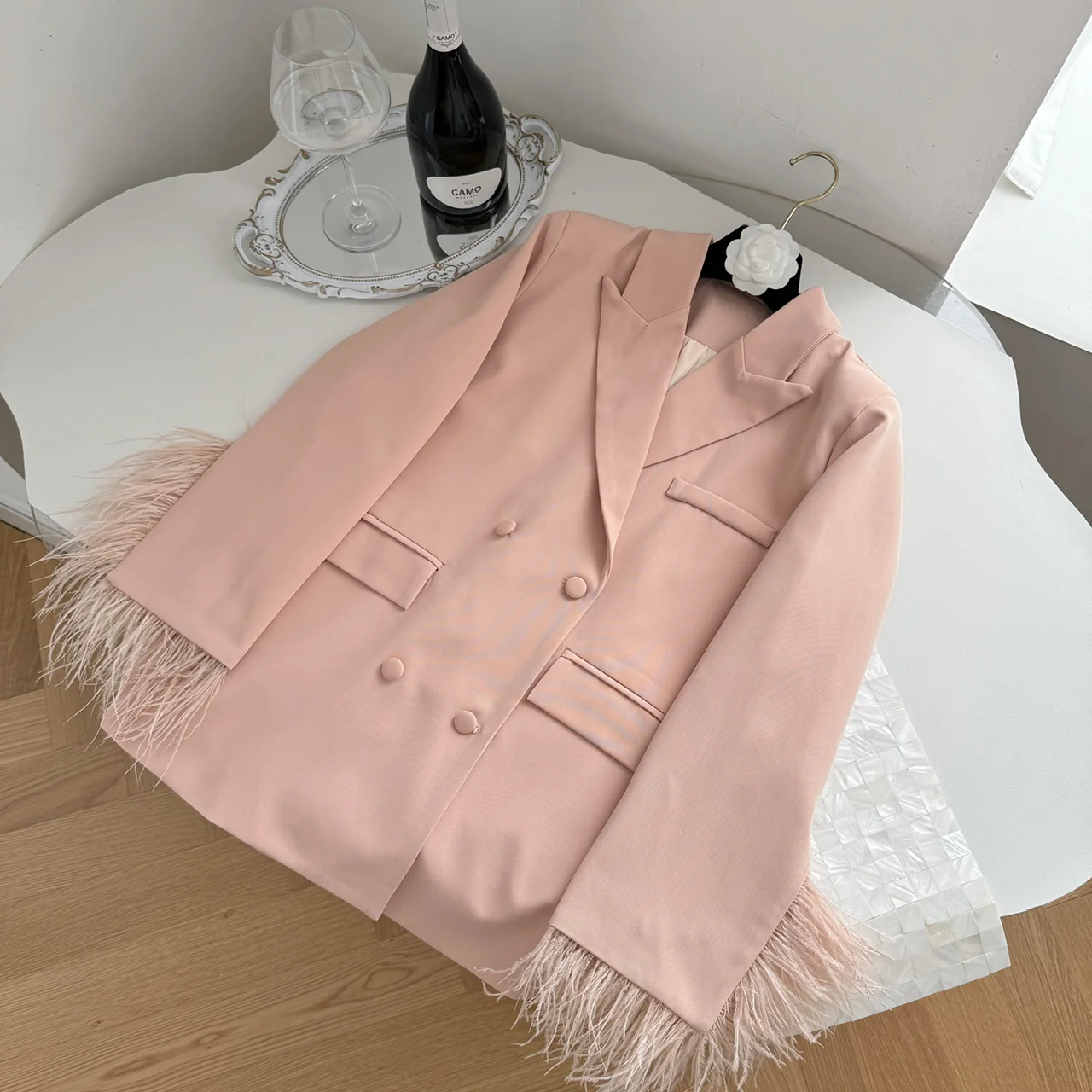 Luxury Fashion Autumn Pink Notched Collar Blazer Coat New High Quality Women Double-Breasted Ostrich Feathers Loose Suit Coat