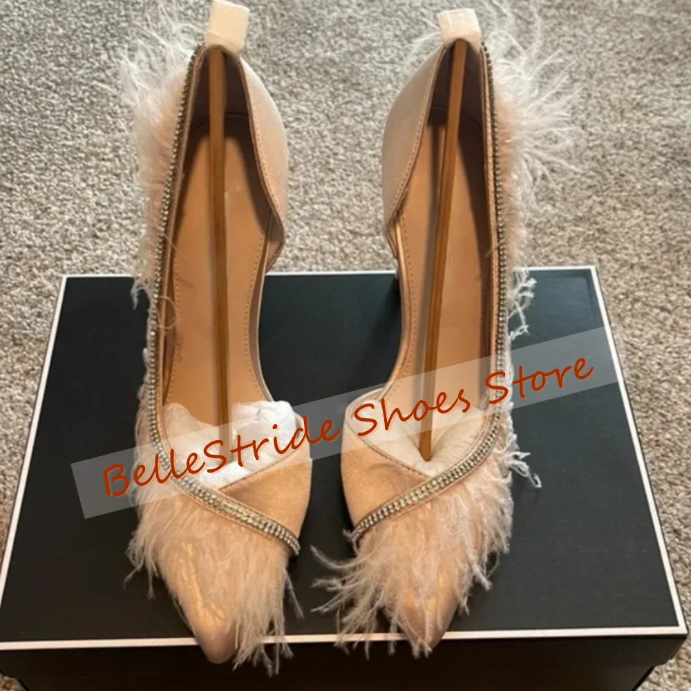 

Apricot Pointed Toe Feather Decor Crystal Pumps Women Shoes Stilettos High Heels Party Banquet Dating 2025 Zapatos Para Mujere