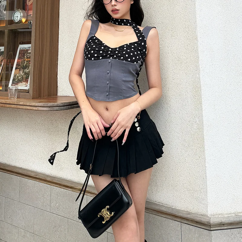 JHJN ผู้หญิงเสื้อยืดสีเทา Wave Point Crop Top Lacu-Up Single-Breasted Tees แขนกุด V คอ Tank Top Hotties Clubwear backless