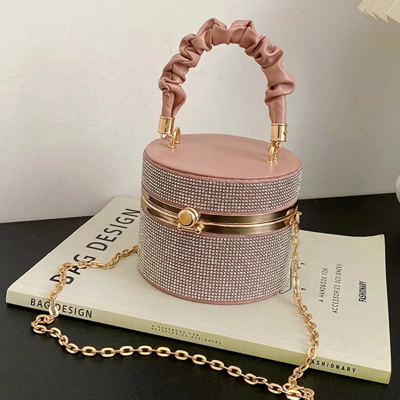 Round Bucket Bag 2023 Women\'s Bright Diamond Pleated Handle Exquisite Lock Chain Crossbody Bag Luxurious Texture Lady Handbags