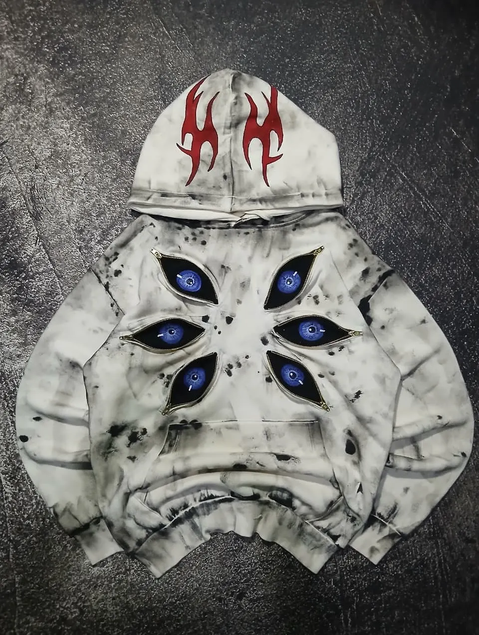 Sudadera con tótem de seis ojos de fusión gótica retro oscura, teñido anudado, cremallera funcional, nicho, estética doble