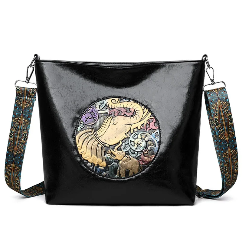 

Fashion Leather Shoulder Bags for Women Elephant Flower Pattern Retro Crossbody Bag Versatile Casual Messenger Bag