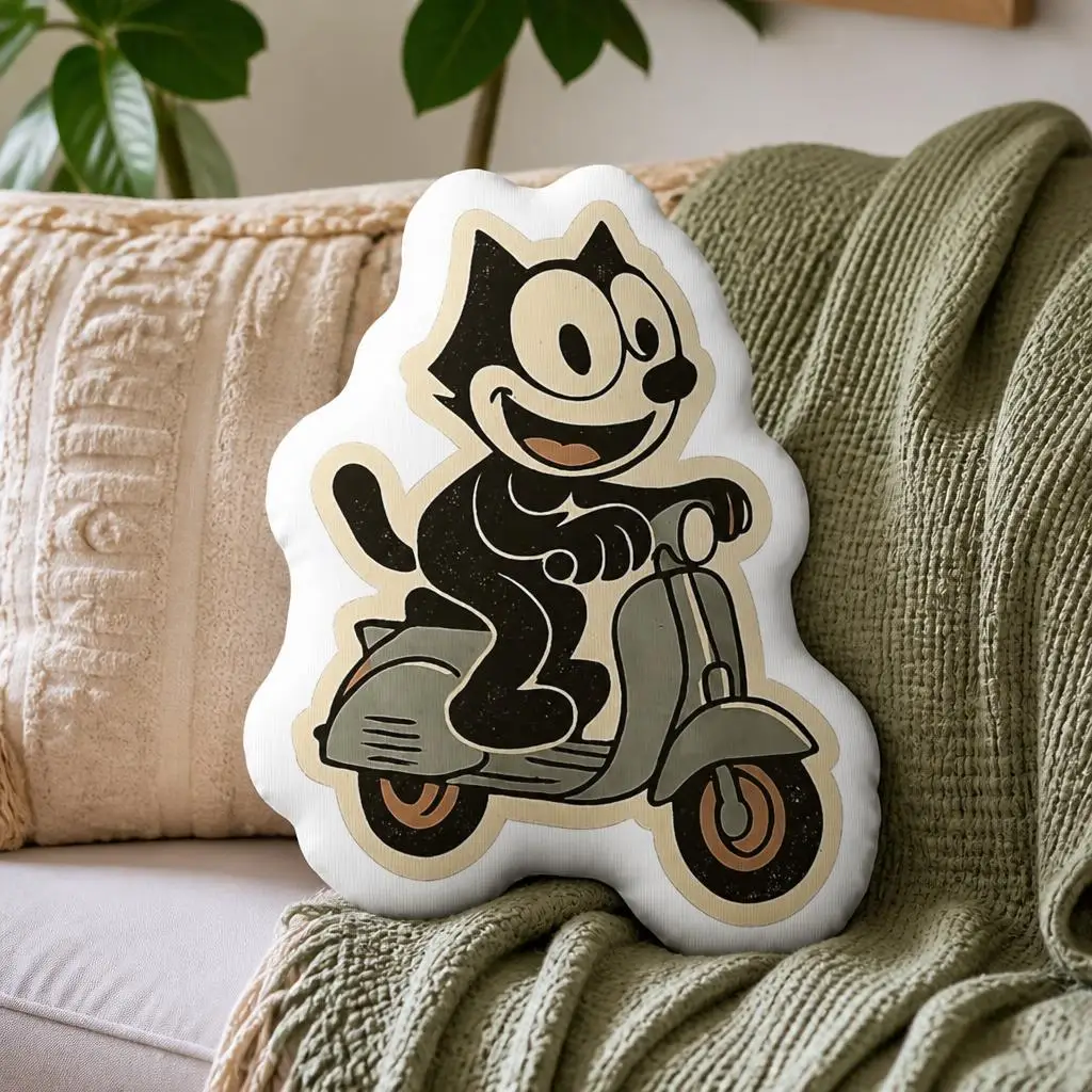 Felix the Cat Riding Scooter Shaped Throw Pillow Retro Cartoon Cute Decorative Cushion for Sofa Home Decor Gift for Cat Lovers