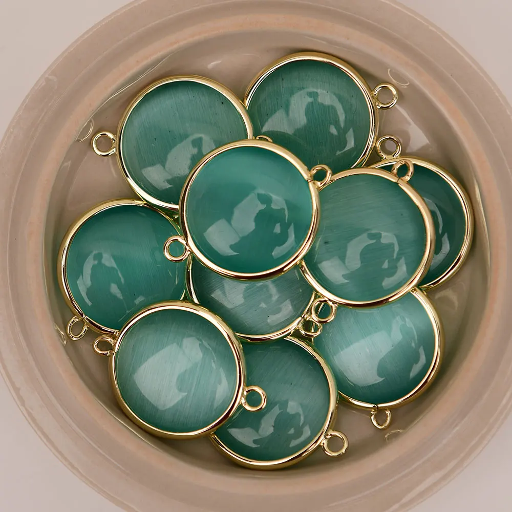 10 Pcs 22mm Natural Blue Cat eye Stone Coin Connector Gold Edged Loose Beads For Jewelry Findings DIY