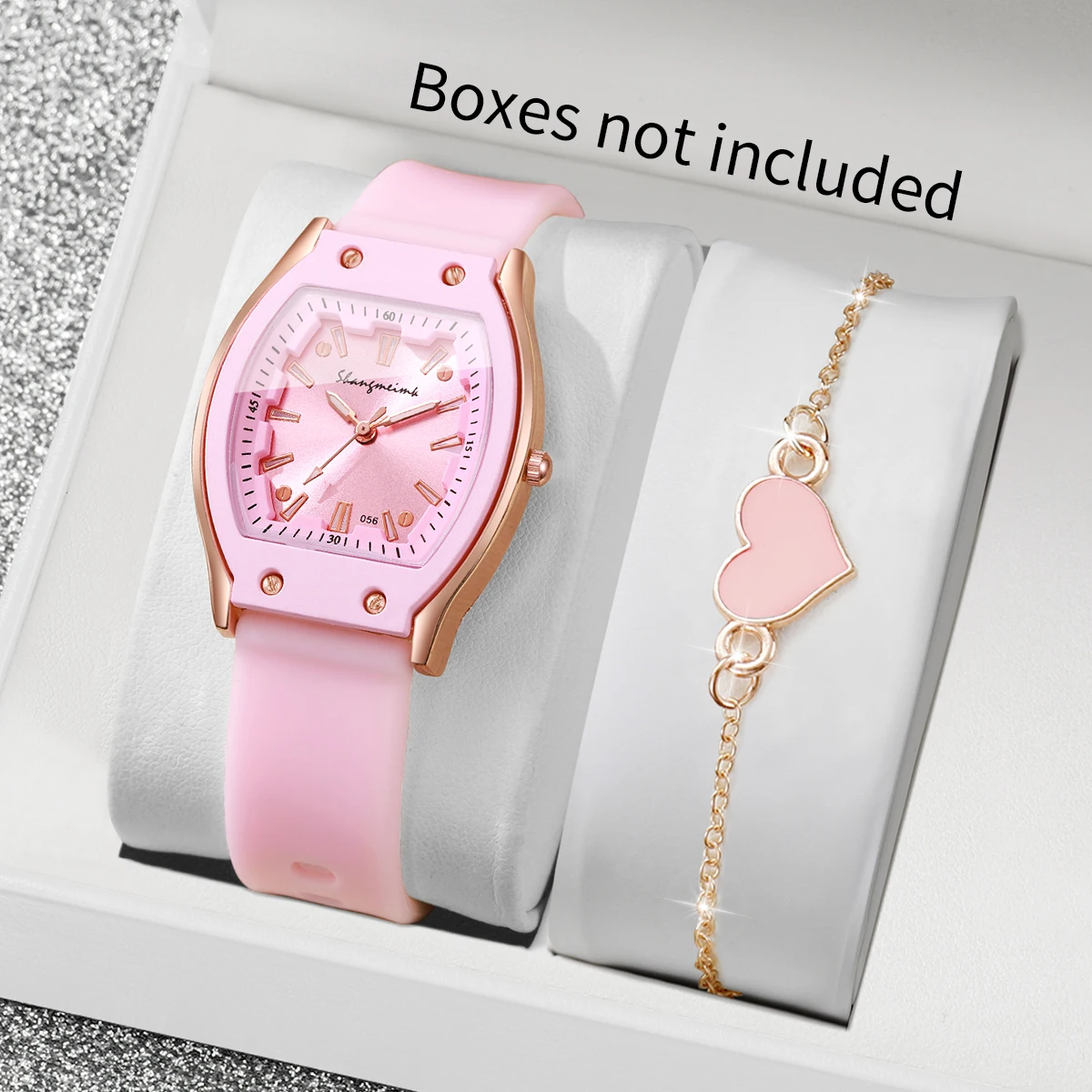 2PCS Fashion Silicone Strap Women Watch Heart Bracelet Set Simple Ladies Quartz Wristwatches Reloj Mujer (Without Box)