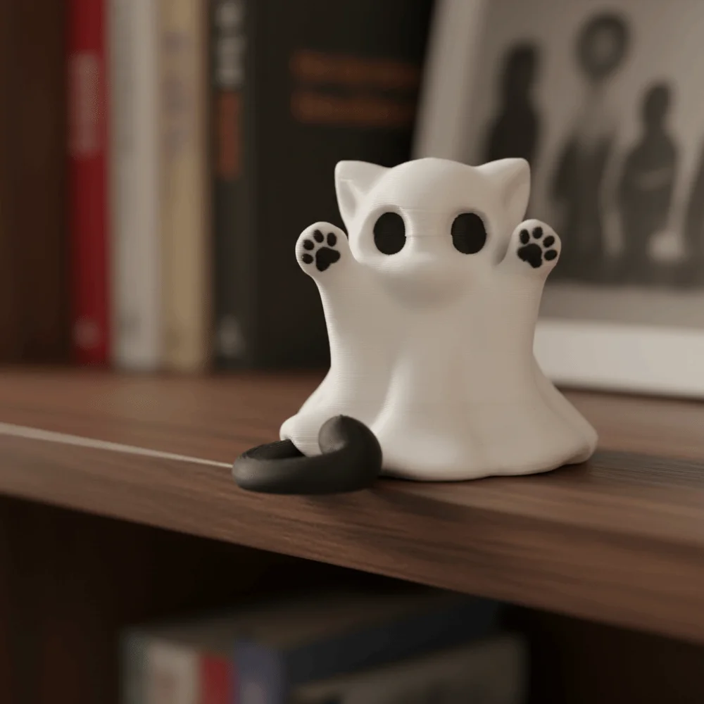 3D-printed Halloween Kitten Ghost Ornament Mini Hand-Raising Posture Ghost Cat Ornament Plastic Halloween Cat Desk Figurine