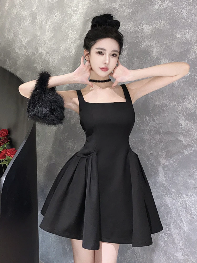 Frauen Kleidung Y2K Schwarz Sexy Strap Square Neck Schlank A-Line Mini Kurzes Kleid Elegante Dame Mode Abend Party Prom Vestidos Neue