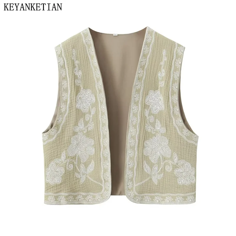 

KEYANKETIAN Women Vintage Floral Embroidered Open WaistCoat Ladies National Style Vest Jacket Outfits Casual Vacation Crop Top