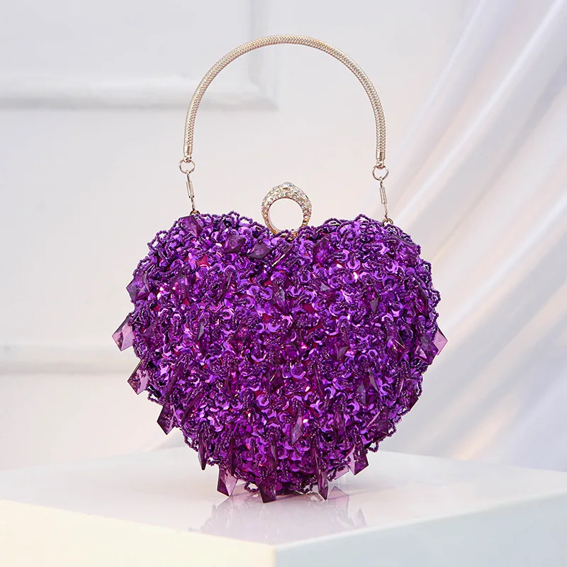 

Glass Rhinestones Party Purple Clutch Purse Evening Bags Luxury Fashion Designer Women'S Handbag Mini Love Heart Tassel Bags