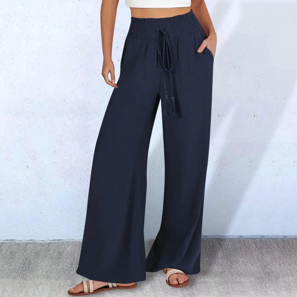 

Women Casual Pants Mid-rise Elastic Waistband Tie Style Slacks With Pockets Solid Color Straight Wide Leg Long Trousers