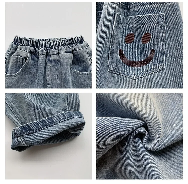 Novo 2025 meninos moda rosto sorridente bordado jeans calças compridas criança clássico solto calças jeans crianças primavera outono roupas