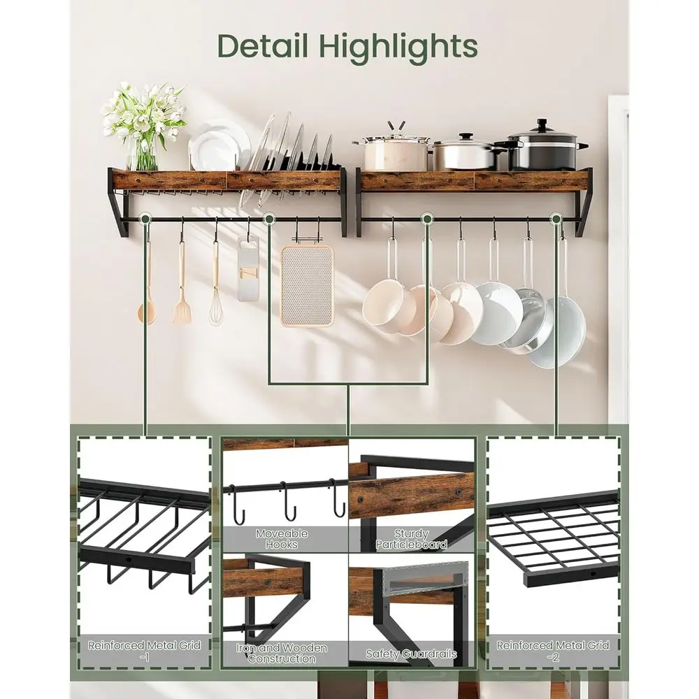 منظمو رف بغطاء وعاء مزدوج مع 12 خطافًا، بني ريفي وأسود، حل تخزين المطبخ للأواني والمقالي #6