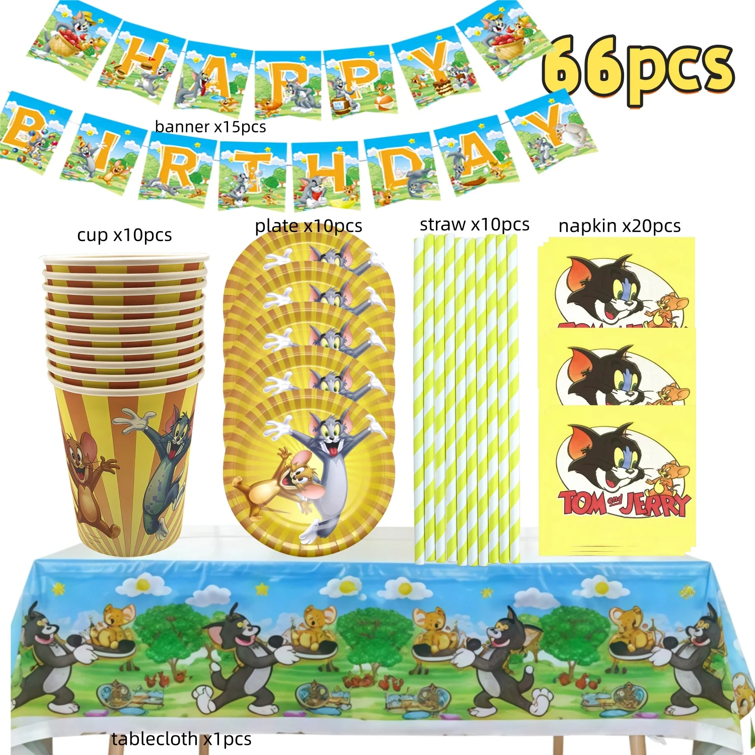 Tom und Jerry Partyzubehör Einweg-Tischgeschirr-Set mit Aufklebern Cartoon Katze Maus Geburtstagsdekoration für Kinder Babyparty