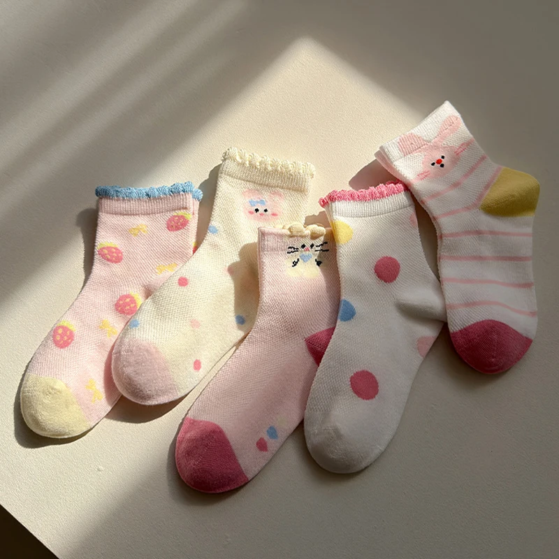 5 Pairs Girl's Socks Cotton School Socks For Girls Kids Ruffle Socks Children Cartoon Girls Socks Baby Girl Socks