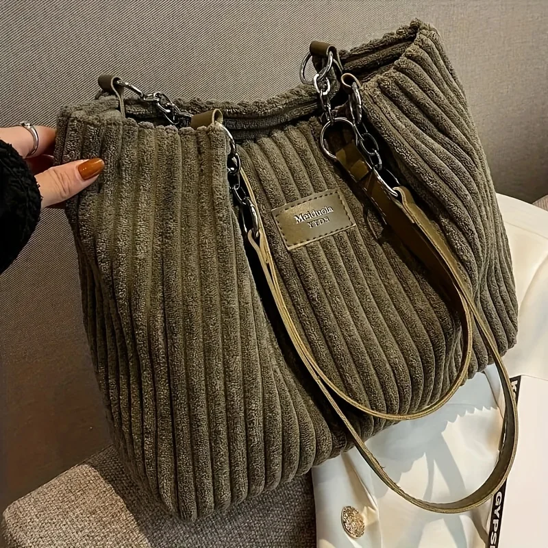 Cord-Einkaufstasche mit großem Fassungsvermögen, Umhängetasche mit Kettenriemen für Damen, Polyesterfutter, Reißverschluss, Schwarz, Beige, Khaki, Grün – Detail 6