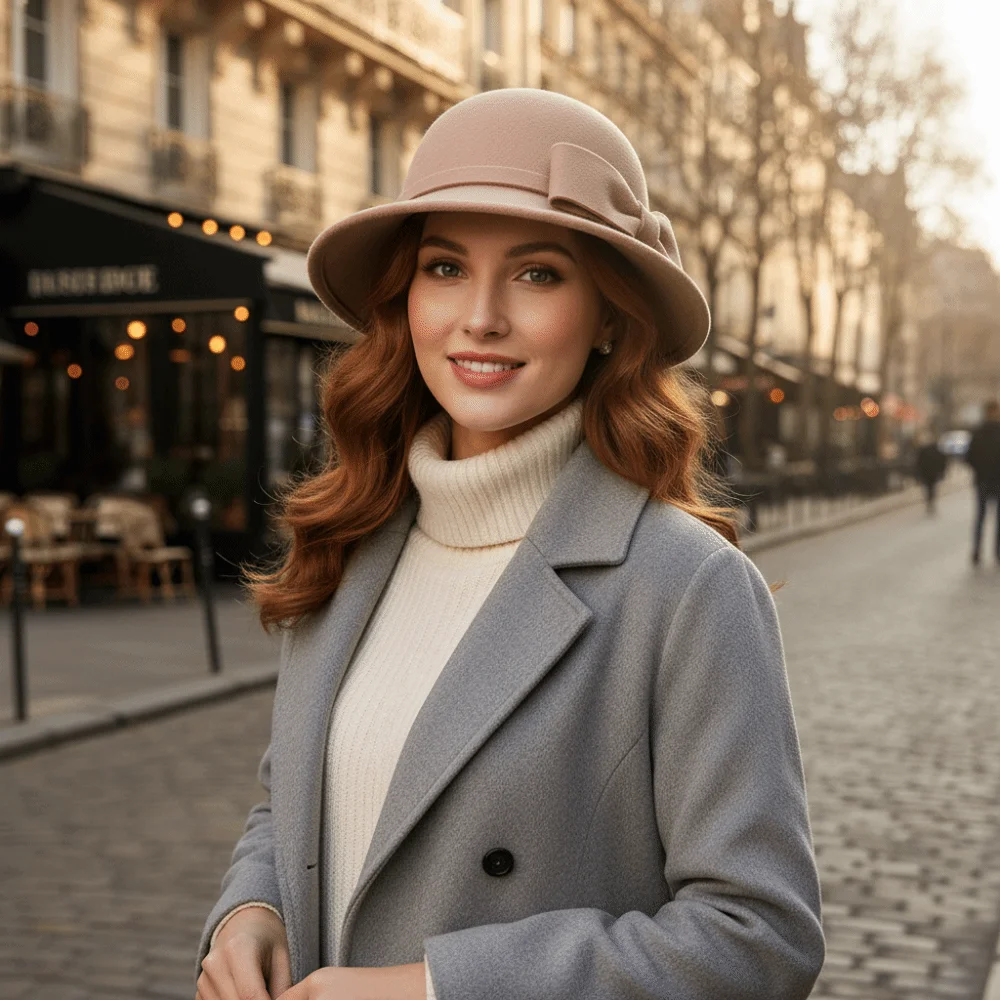 

Vintage Solid Color Bow Topper Hat French Style Keep Warm Women Fisherman Hat Flat-top Black Woolen Bucket Hat Funeral