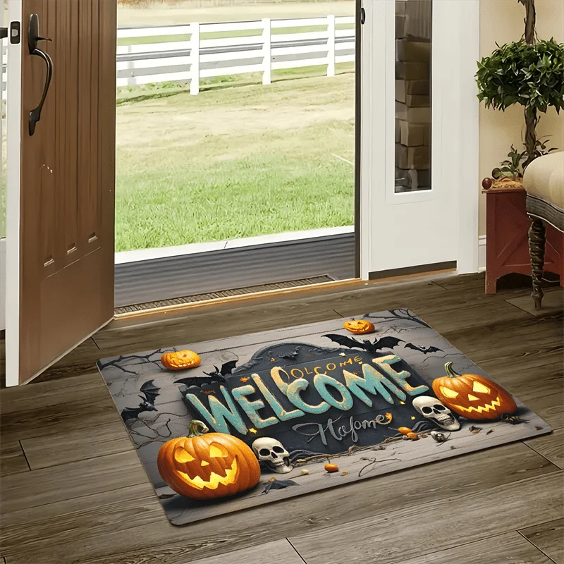 1pc of Halloween-Themed Door Mat Featuring a Pumpkin, Bat, And Skull Design, Suitable for Indoor And Outdoor Use. Ideal for Ki