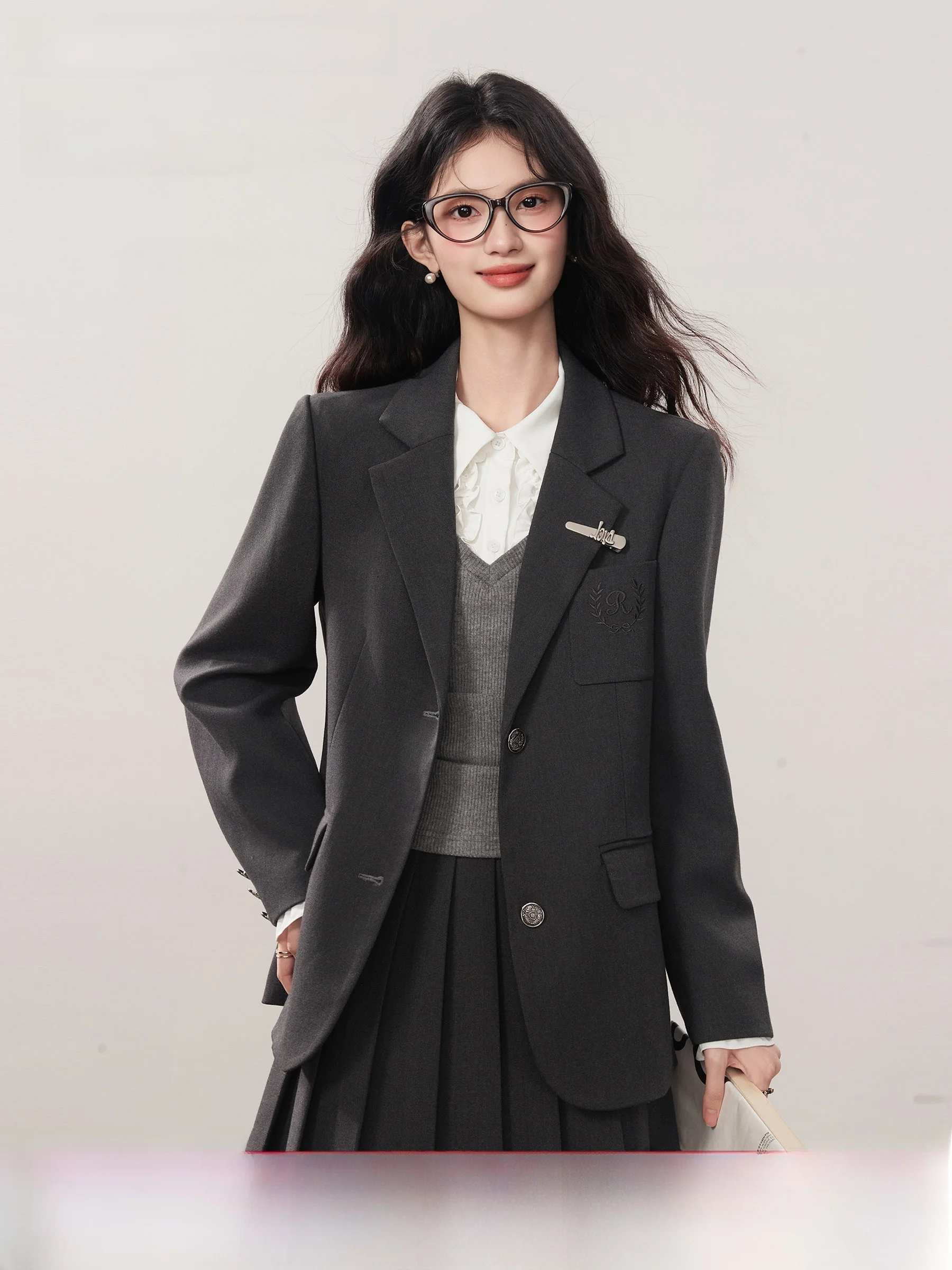 

Комплект костюмов от Lingjiu для Fem Universi, студентов, интервью, элитное женское деловое пальто, свободный крой, полиэтиленовое пальто для поездок на работу...