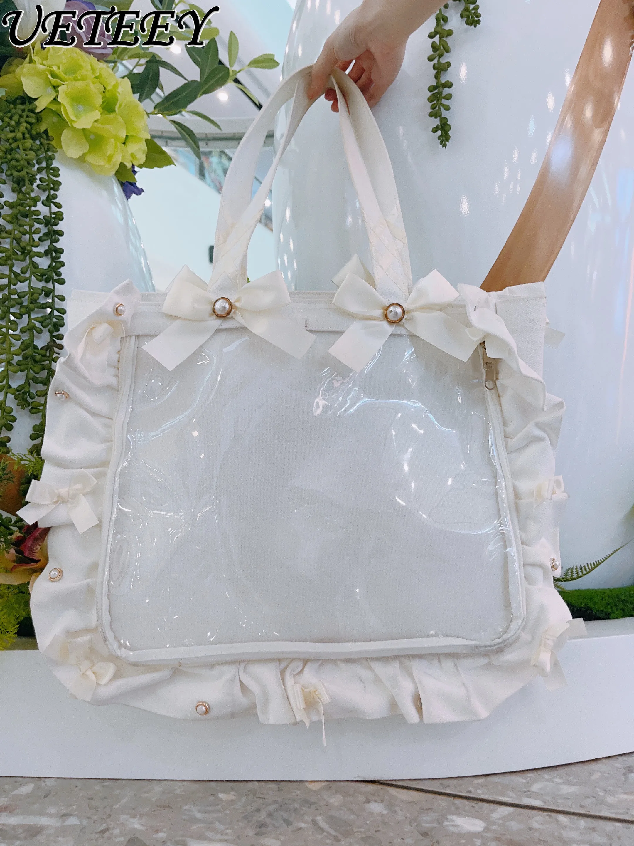 Japanese Style Ruffled Ribbon Bowknot Portable Shoulder Bag Female Shopping Storage Large Capacity Totes Badge Shoulder Bag Girl