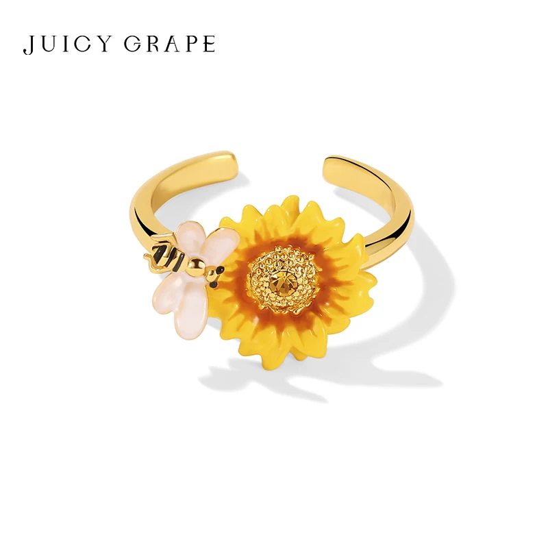 

JUICY GRAPE Original Sweet Enamel Sunflower Flower Ring- Women's Ins Niche Design Adjustable Open Ring for Party Fine Jewelry