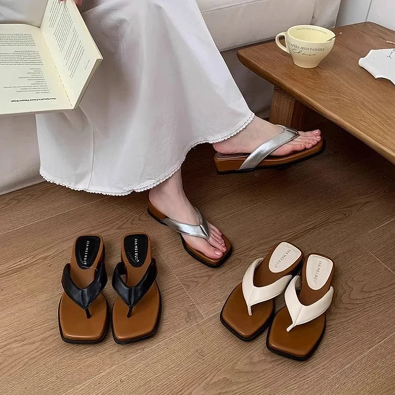 Square Toe Wedge Flip-Flops Women's Thick Sole Faux Leather Non Slip Casual Beach Sandals Summer Elegant Pool Shower Slippers