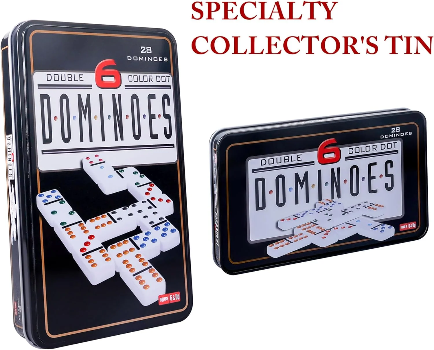 Ensemble de 6 dominos doubles pour adultes avec boîte de rangement en fer blanc, ensemble de jeux de dominos à points colorés de 28 carrelage pour cadeau de nuit en famille, jeu de voyage