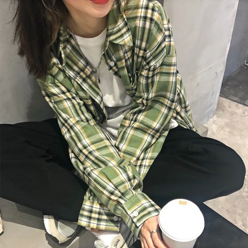 Plaid Shirts Streetwear Harajuku Baggy Leisure Korean Style Turn Down Collar Vintage All Match Spring Autumn Clothing Students