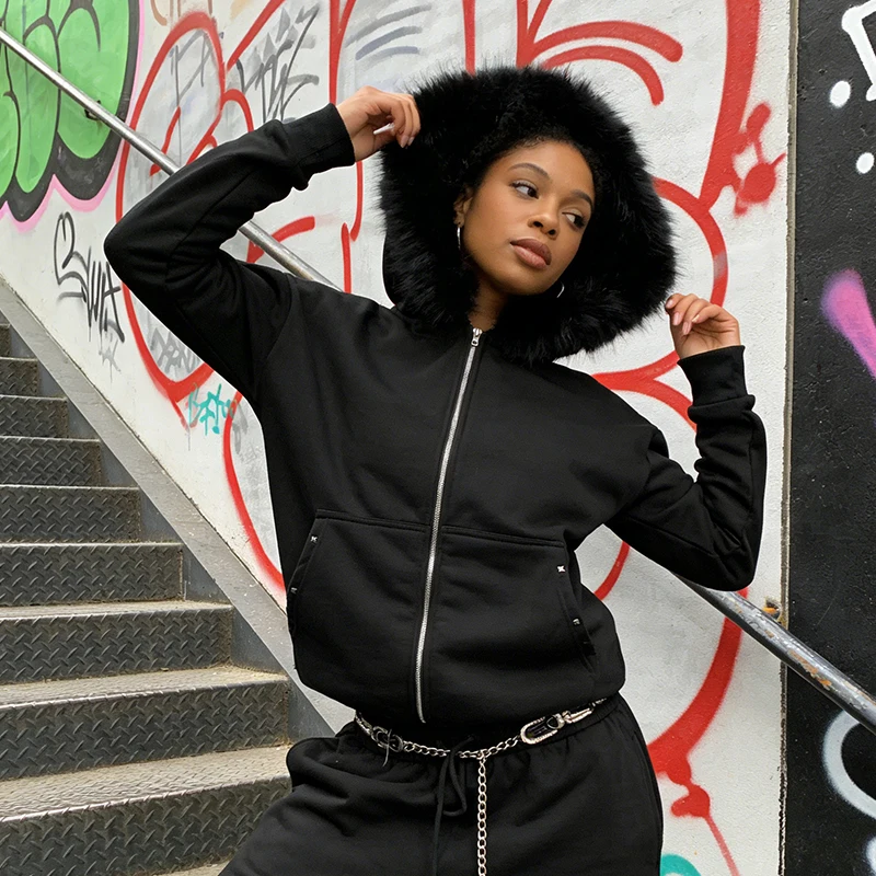 

Loose Square Rhinestone Decorative Pocket Coat Long Sleeve Fur Collar Hoodie Autumn Winter Hip Hop Solid Color Gothic Daily Wear